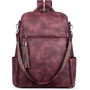 Women's Wine Red Retro Style Backpack Designer 15.6 inch PU Leather Laptop Bag